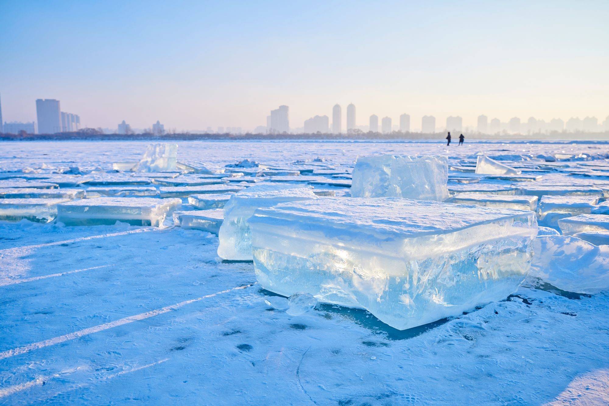 Blue ice blocks at Harbin Diamond Sea during sunset