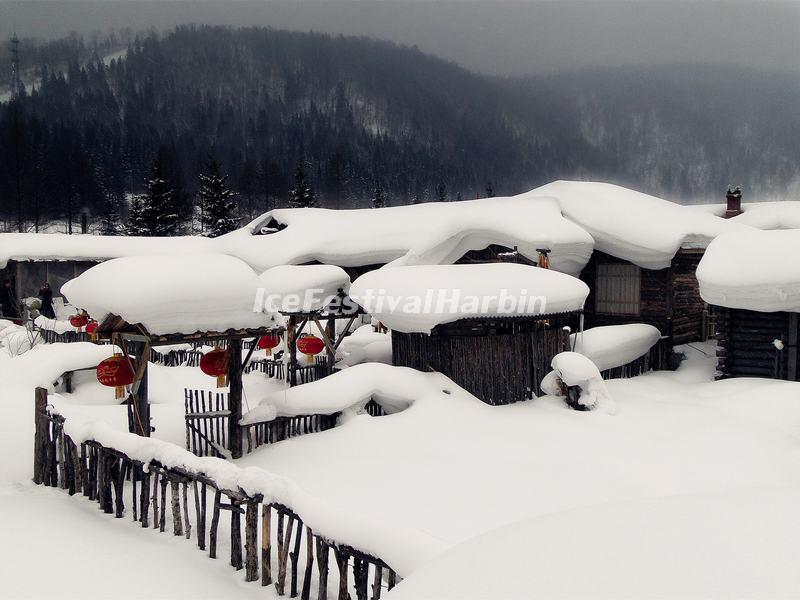 Wooden Houses in China's Snow Town