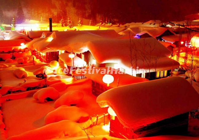 Night Scene in China's Snow Town