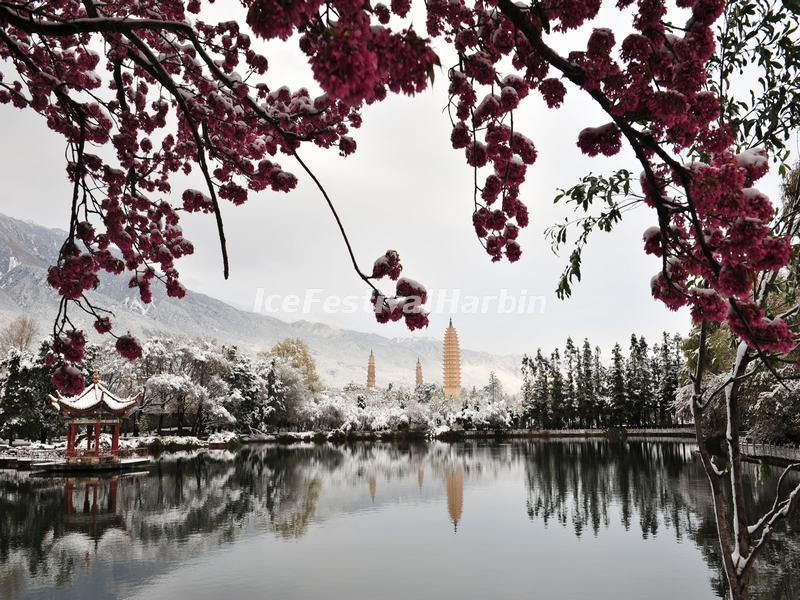 Three Pagodas of Chongsheng Temple in Snow